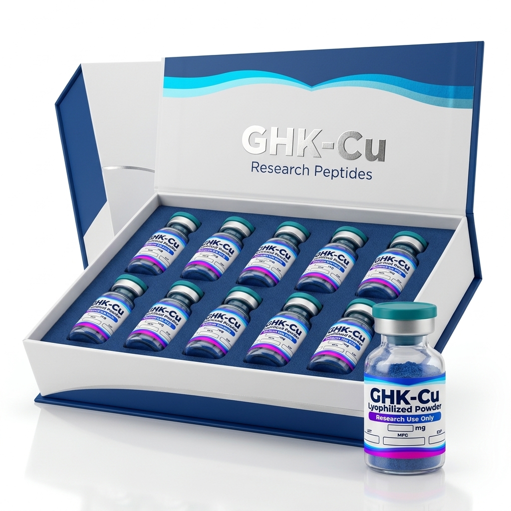 Caja expositora de 10 viales de GHK-Cu con etiqueta de ondas